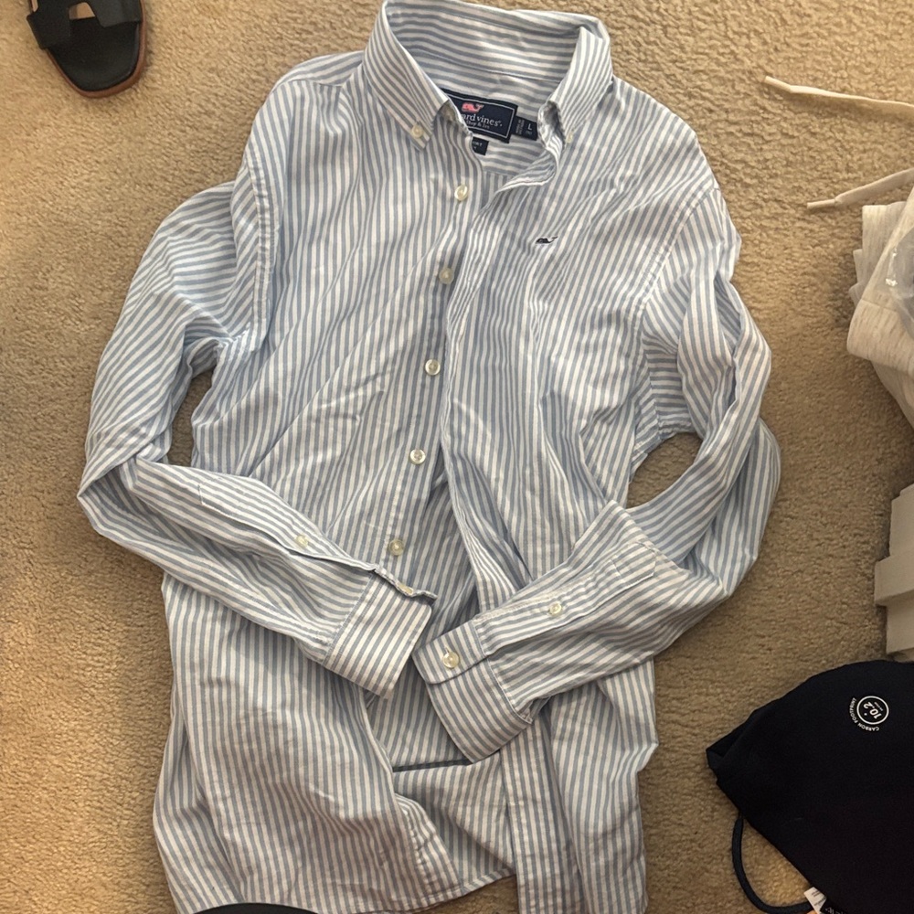 Youth large cotton button down Vinyard vines blue and white stripe